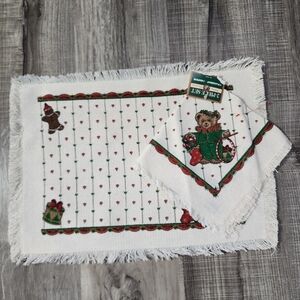 Festive Vintage 1990 Christmas Bear Placemate With Napkin With Tags